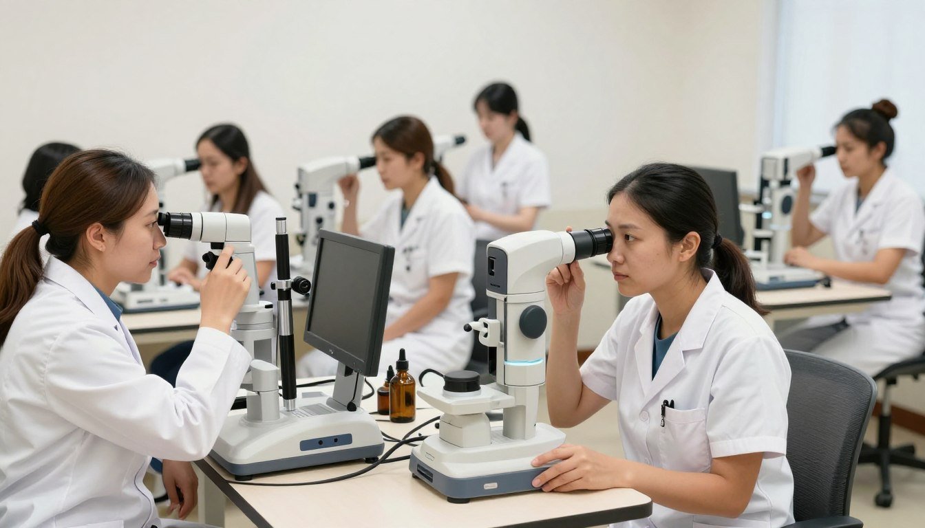 Diversos profesionales de salud holística utilizando iriscopio en diferentes entornos clínicos