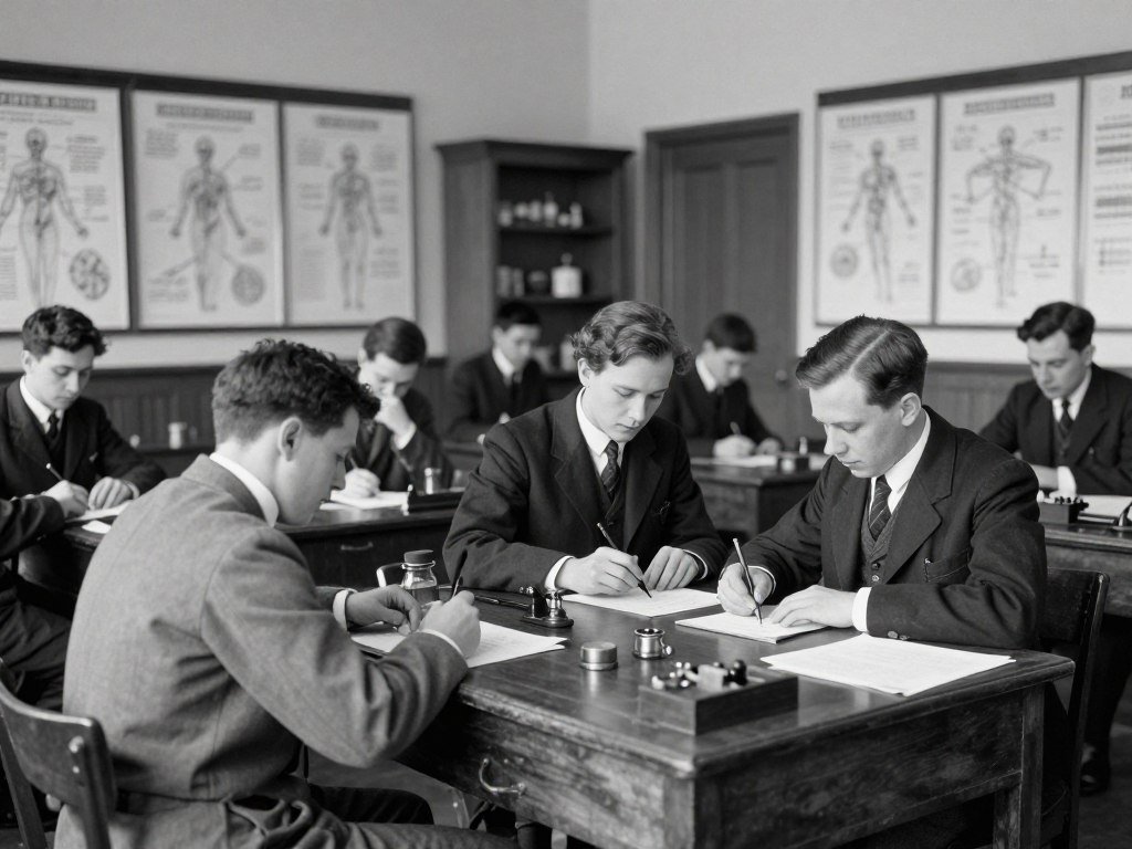 Escuela de naturopatía histórica con estudiantes aprendiendo iridología