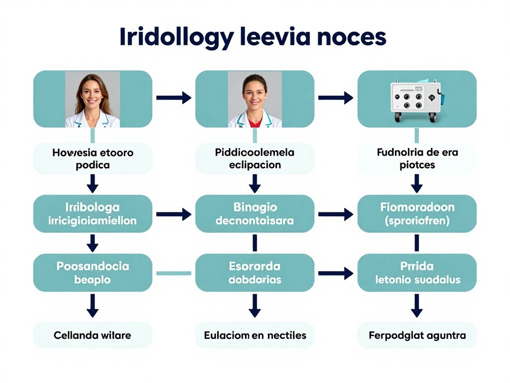 Flujo de trabajo profesional mostrando proceso paso a paso de evaluación iridológica desde captura de imagen hasta recomendaciones terapéuticas