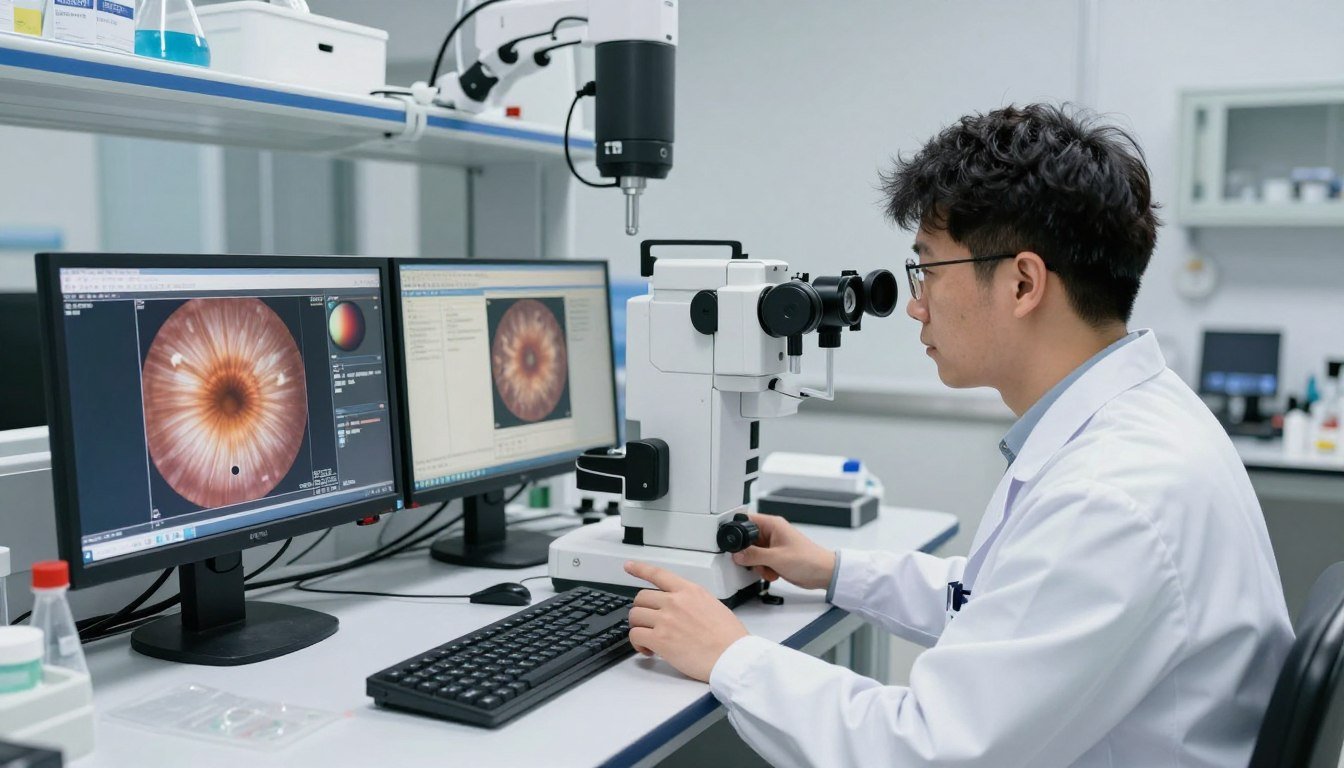 Investigador científico analizando imágenes de iris en laboratorio con equipamiento especializado de investigación oftalmológica