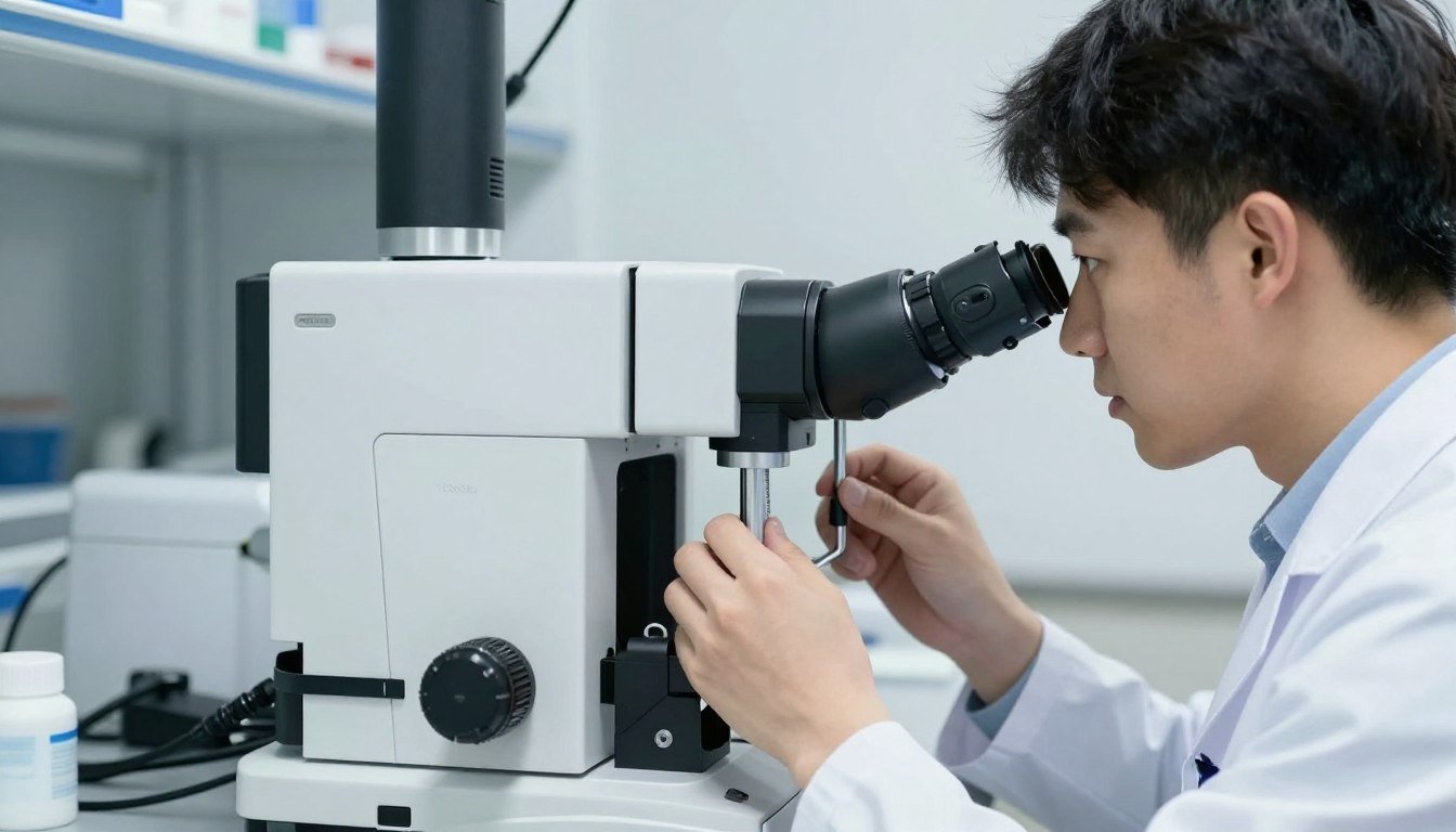 Investigador médico examinando iris con equipo científico moderno