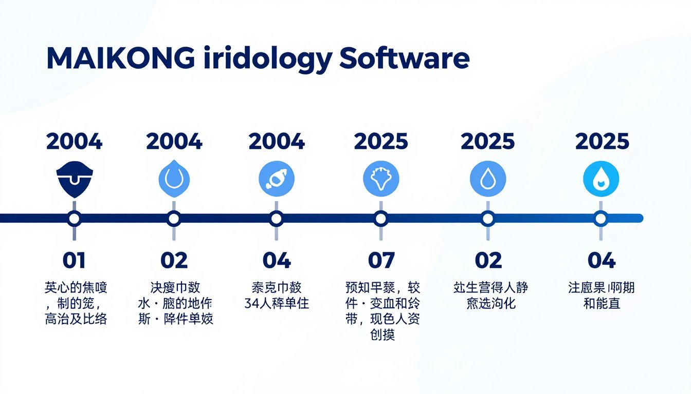 Línea temporal mostrando evolución del software de iridología desde 2004 hasta 2025
