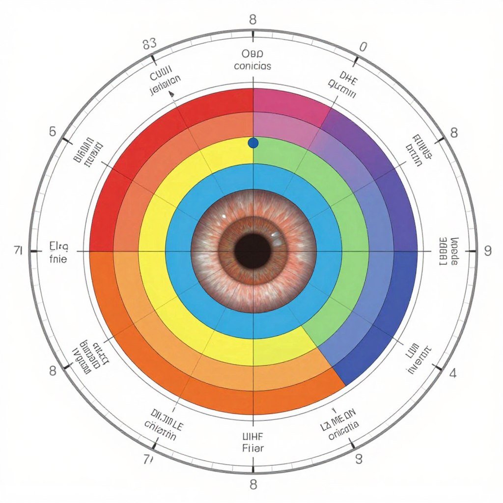 Mapa iridológico detallado con zonas anulares y sectores radiales etiquetados