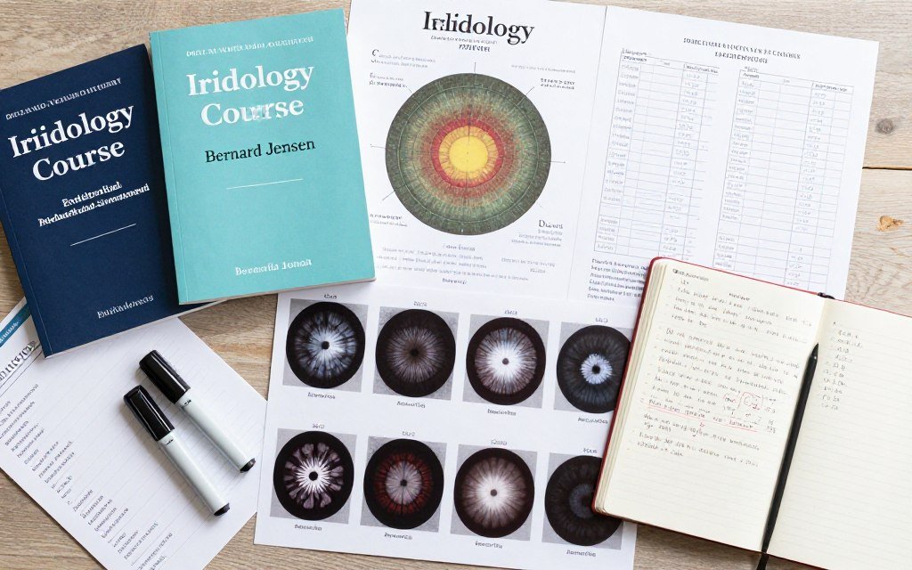 Materiales educativos de curso de iridología: libros, mapas, imágenes de iris