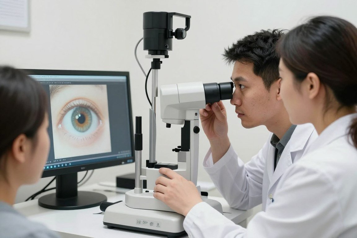Profesional de iridología realizando lectura del iris con iriscopio 12MP en clínica moderna
