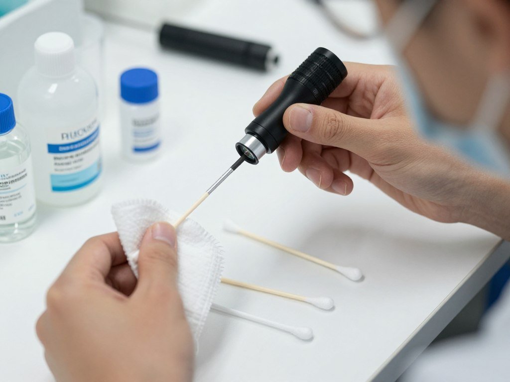 Profesional realizando mantenimiento y limpieza de lentes de iriscopio con kit especializado