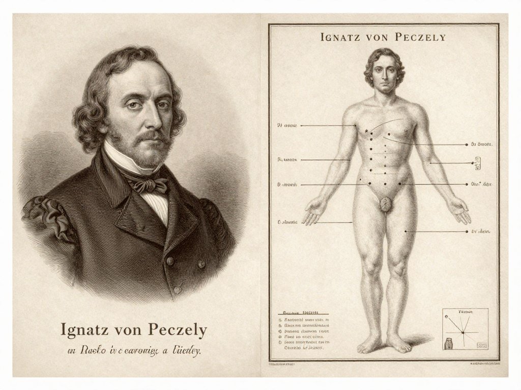 Retrato histórico de Ignatz von Peczely con mapa iridológico antiguo