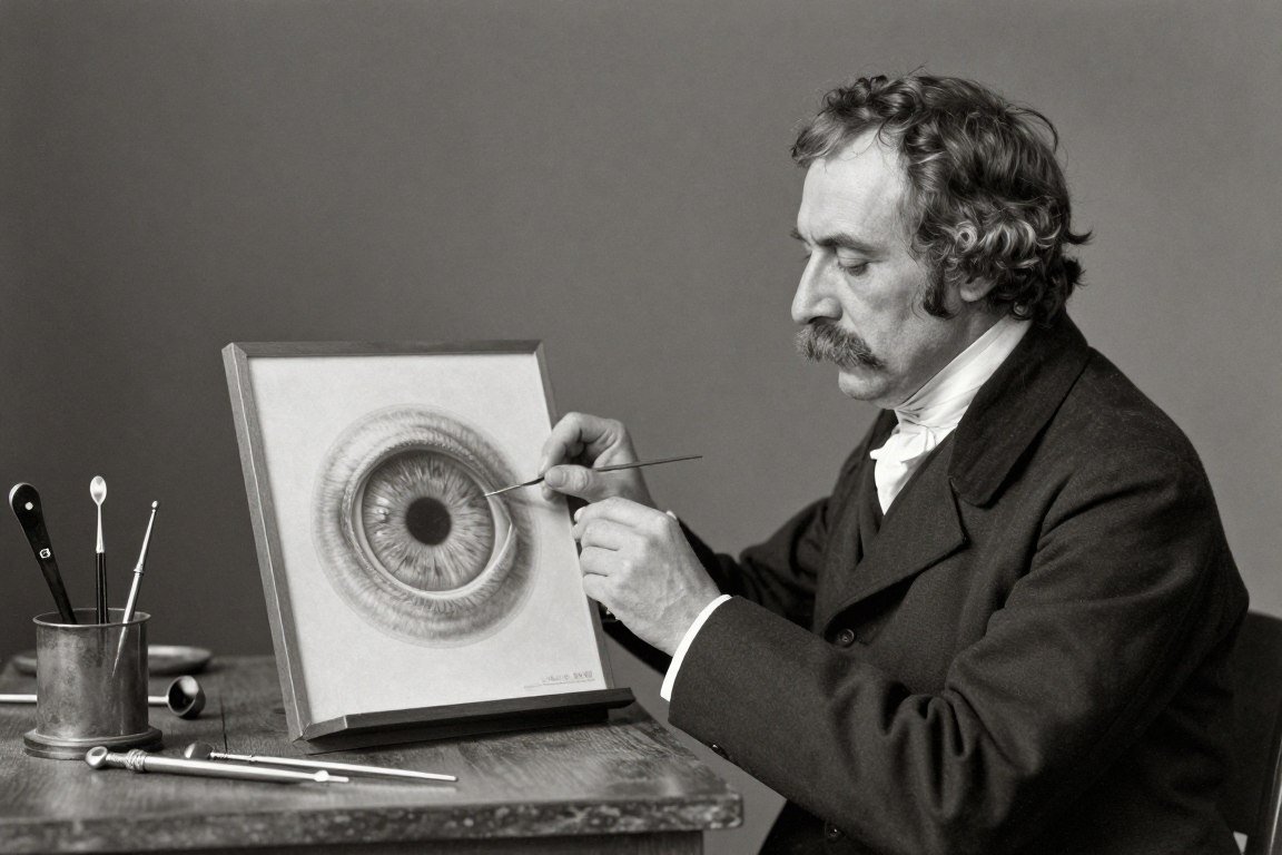 Retrato histórico de Ignatz von Peczely examinando el iris de un paciente