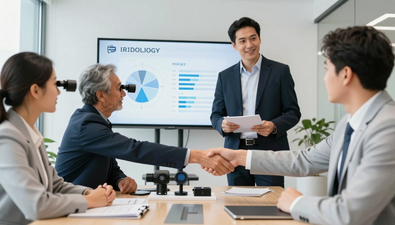Reunión de negocios entre fabricante de equipos de iridología y potencial distribuidor en España