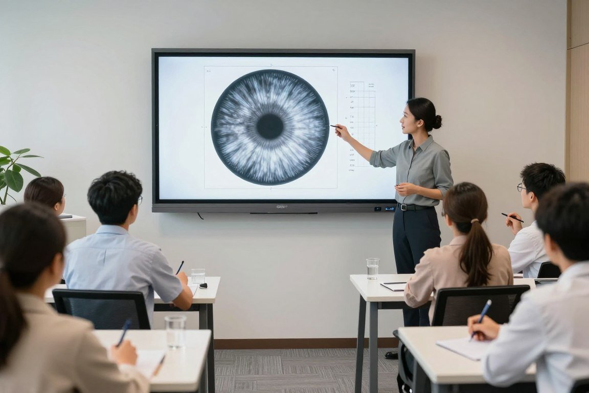 Clase de formación en iridología con estudiantes aprendiendo a usar mapas iridológicos