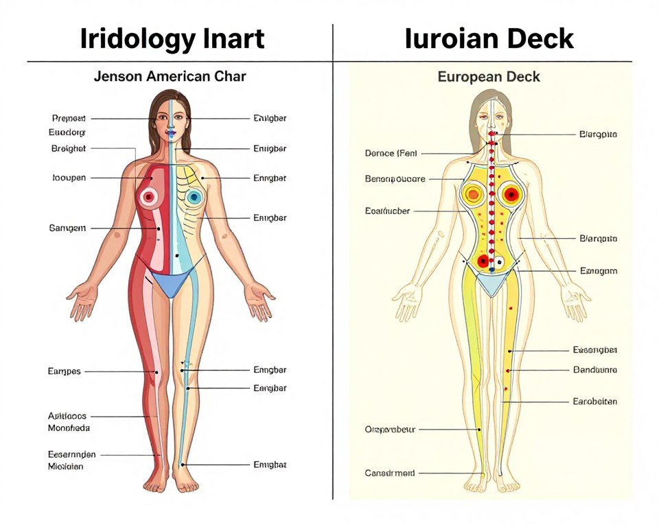 Comparación visual entre diferentes tipos de cartas iridológicas incluyendo Jensen y escuelas europeas