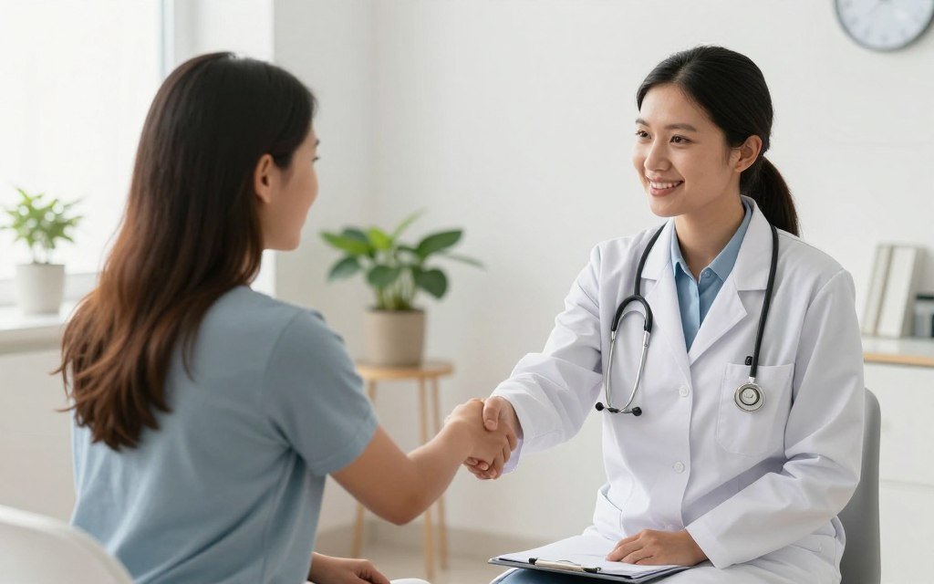 Consultorio moderno de salud natural con paciente satisfecho después de sesión de iridología Consultorio moderno de salud natural con paciente satisfecho después de sesión de iridología