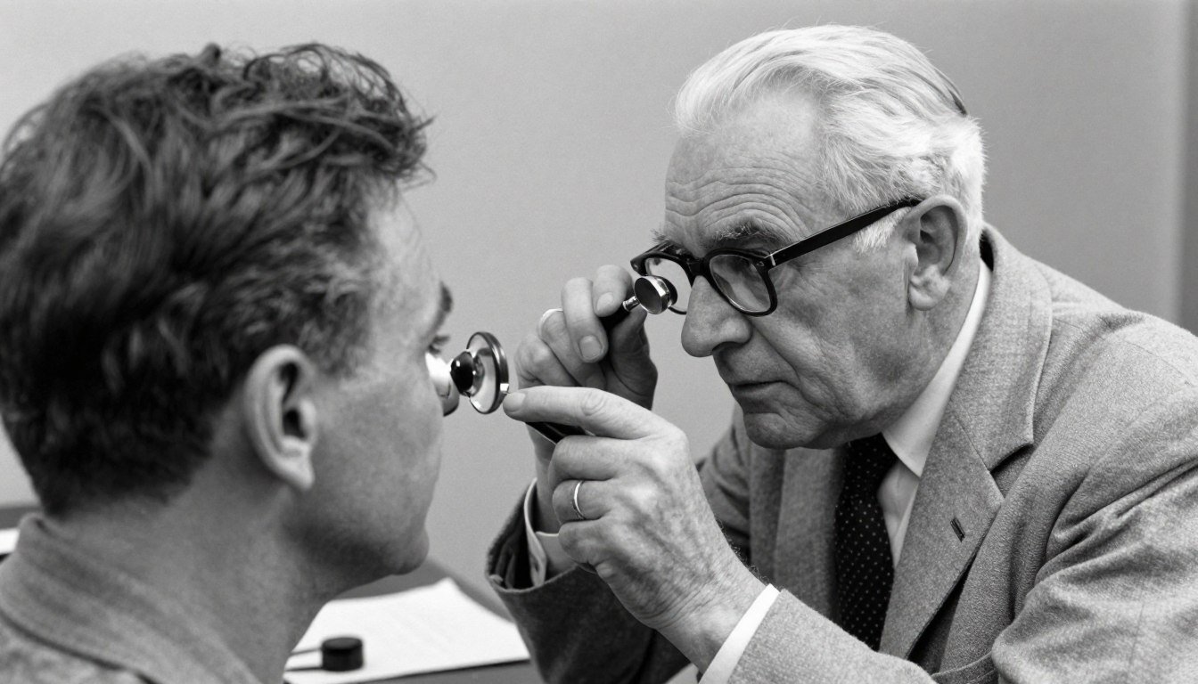 Dr Bernard Jensen examinando un iris con lupa en su consultorio histórico