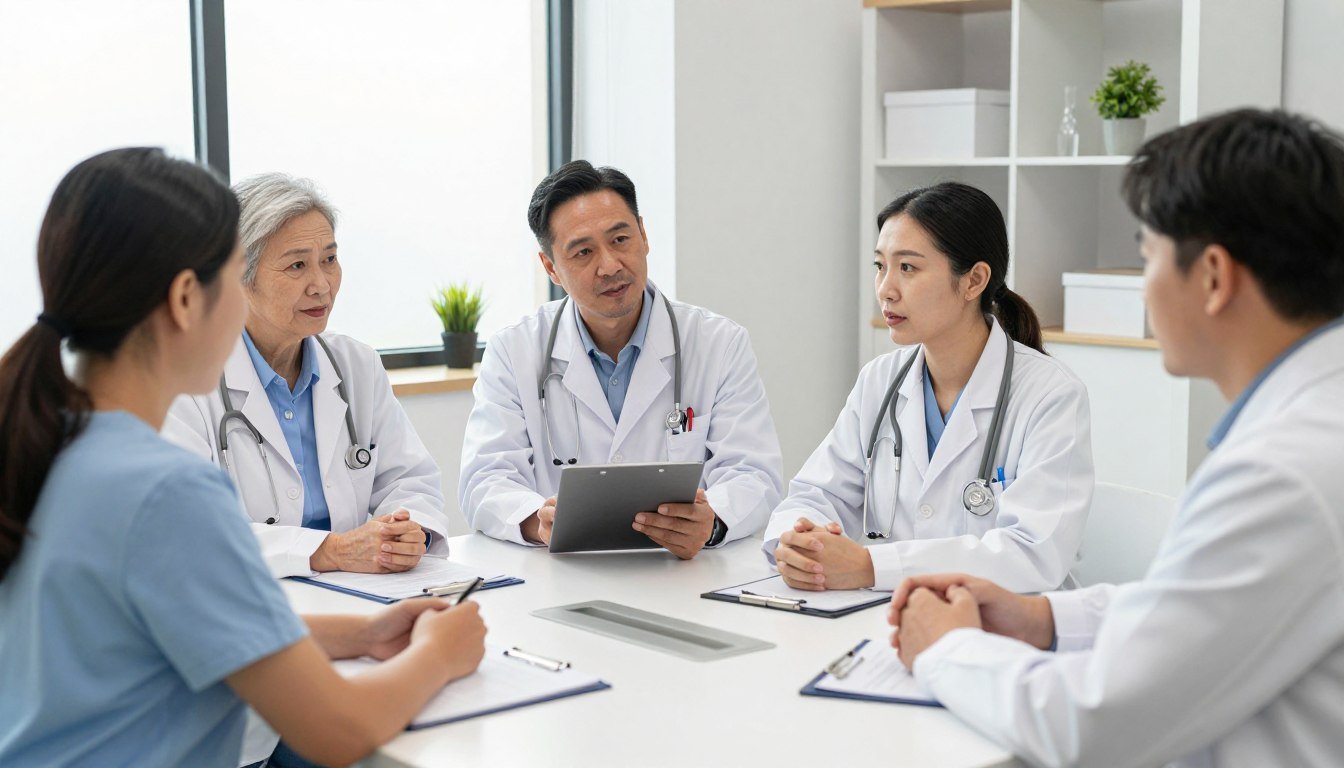 Equipo multidisciplinario de profesionales de salud en reunión de caso clínico Equipo multidisciplinario de profesionales de salud en reunión de caso clínico