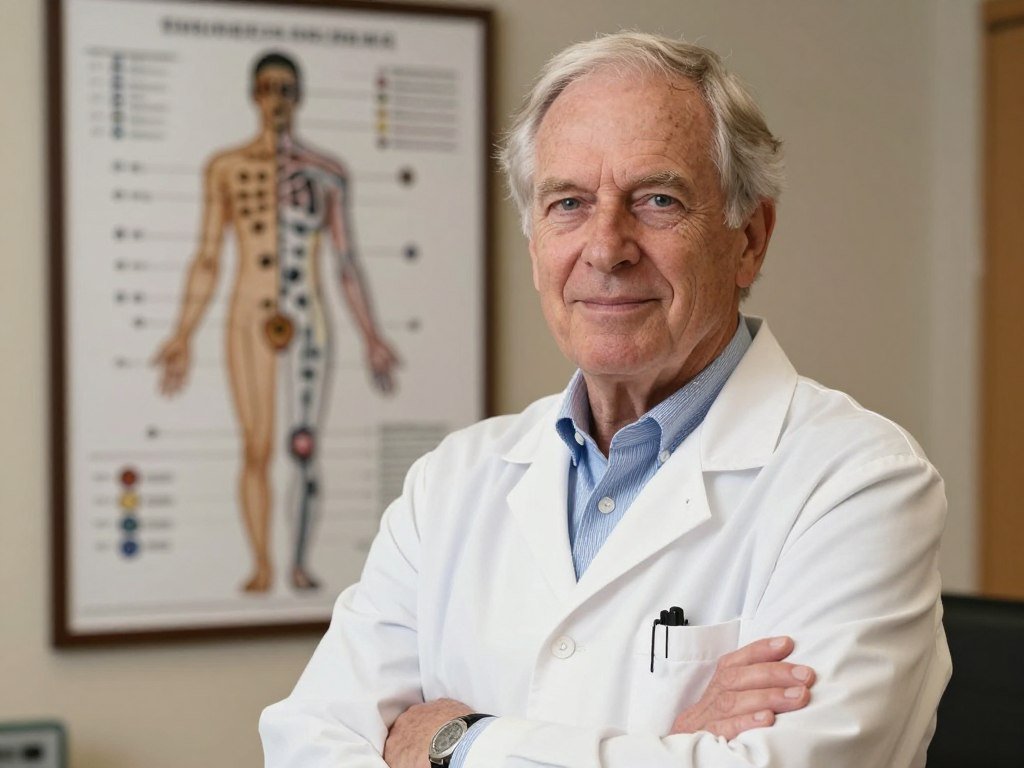 Retrato profesional de Bernard Jensen con su famoso mapa iridológico al fondo