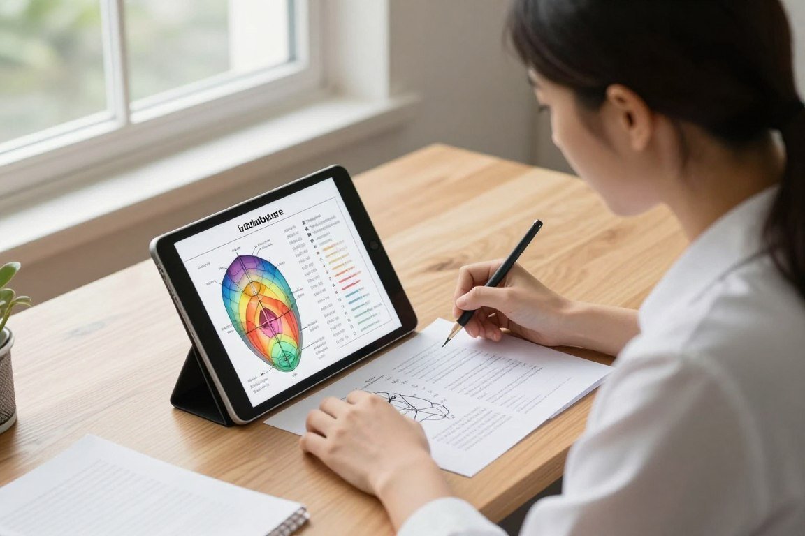 estudiante revisando curso de iridología en tablet con mapas impresos estudiante revisando curso de iridología en tablet con mapas impresos