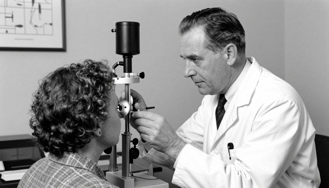 Fotografía histórica del Dr. Bernard Jensen examinando iris de un paciente con equipos de iridología vintage