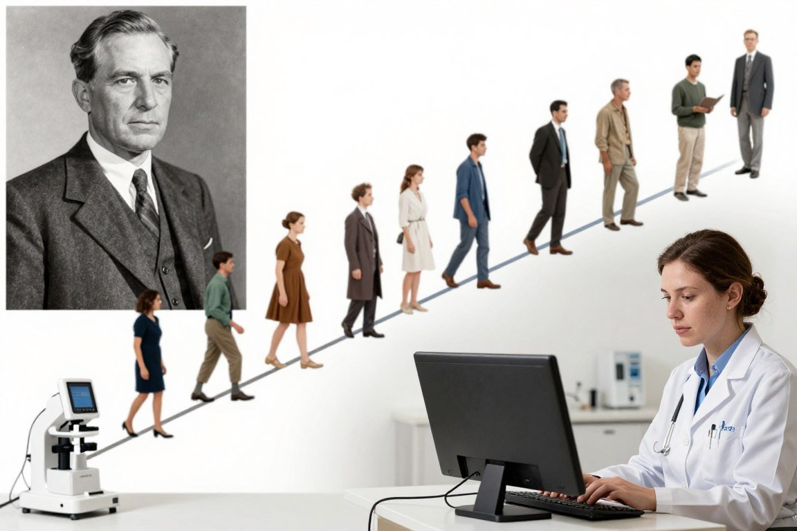 Montaje inspiracional mostrando la evolución de la iridología desde los tiempos de Bernard Jensen hasta sistemas digitales modernos