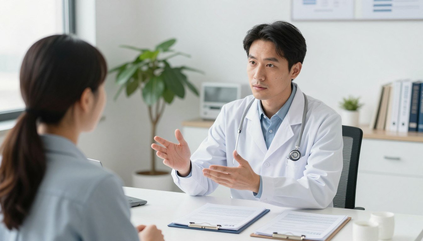Profesional de salud explicando limitaciones de la iridología a paciente con documentos informativos Profesional de salud explicando limitaciones de la iridología a paciente con documentos informativos