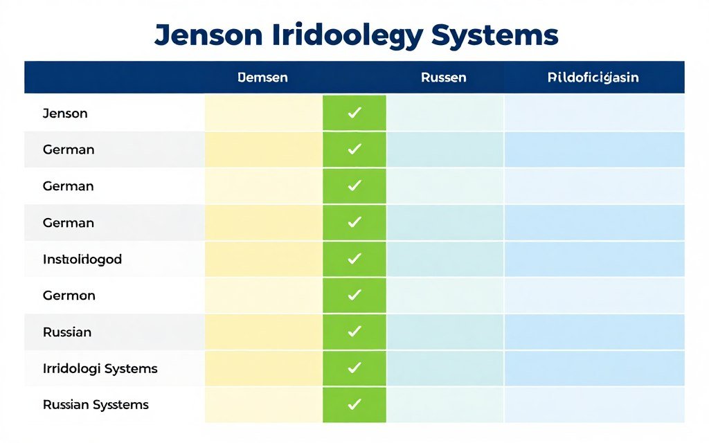 Tabla comparativa de las diferencias principales entre los sistemas de iridología Jensen, alemán y ruso