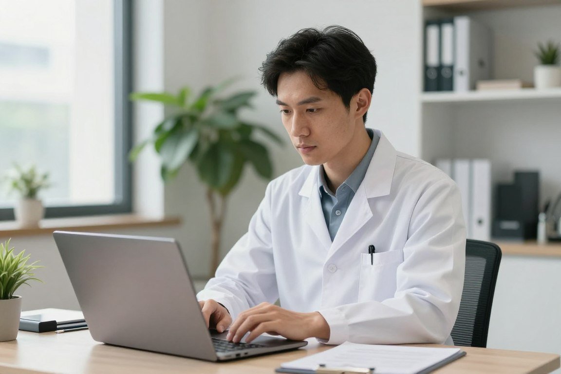 profesional iridología buscando software en ordenador